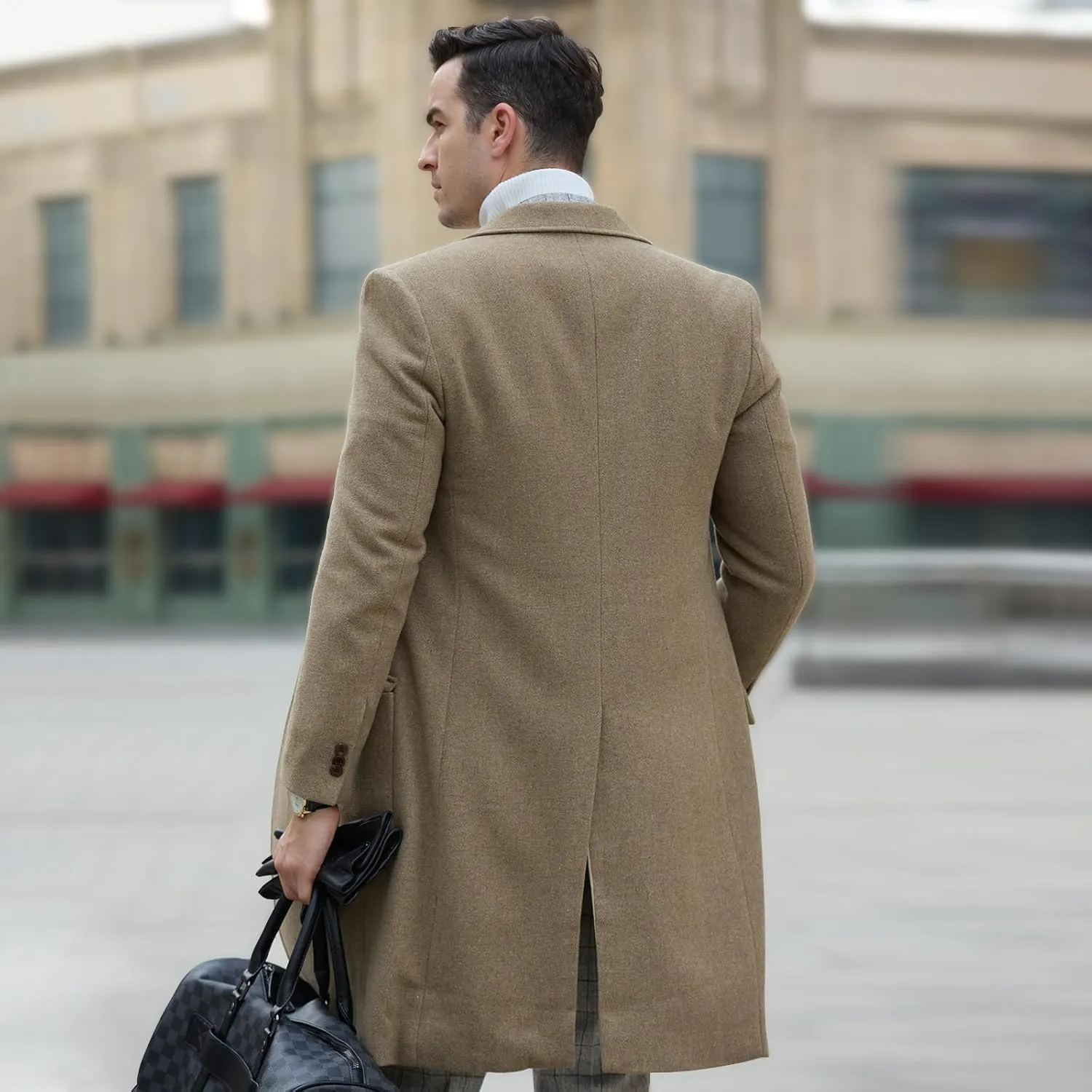 Mens Wool Trench Overcoat Slim Fit Double Breasted Long Jacket Herringbone Wool Blend Pea Coat
