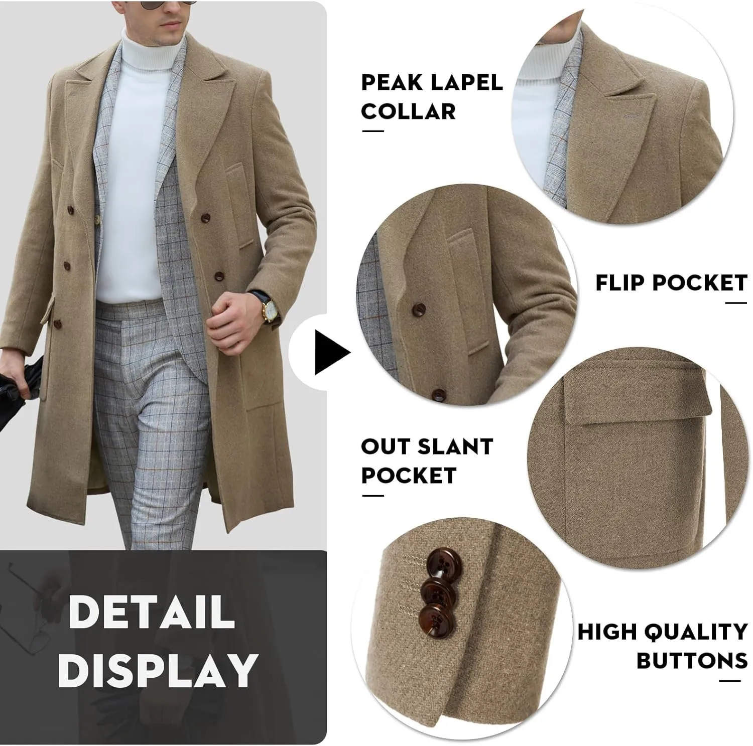 Mens Wool Trench Overcoat Slim Fit Double Breasted Long Jacket Herringbone Wool Blend Pea Coat