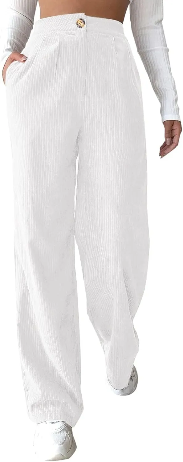 Miyaomn Women Trendy Fall Corduroy Pants Solid Color Loose High Waist Straight Wide Leg Trousers Casual Trousers with Pockets
