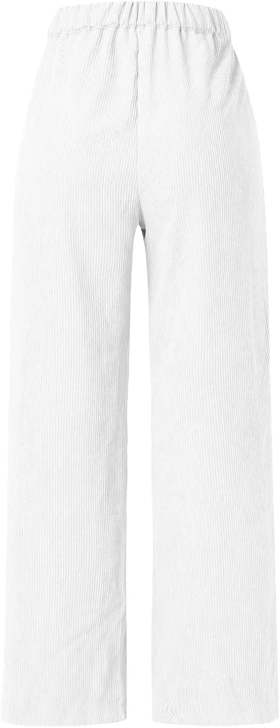Miyaomn Women Trendy Fall Corduroy Pants Solid Color Loose High Waist Straight Wide Leg Trousers Casual Trousers with Pockets
