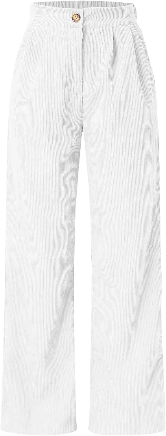 Miyaomn Women Trendy Fall Corduroy Pants Solid Color Loose High Waist Straight Wide Leg Trousers Casual Trousers with Pockets