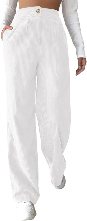 Miyaomn Women Trendy Fall Corduroy Pants Solid Color Loose High Waist Straight Wide Leg Trousers Casual Trousers with Pockets