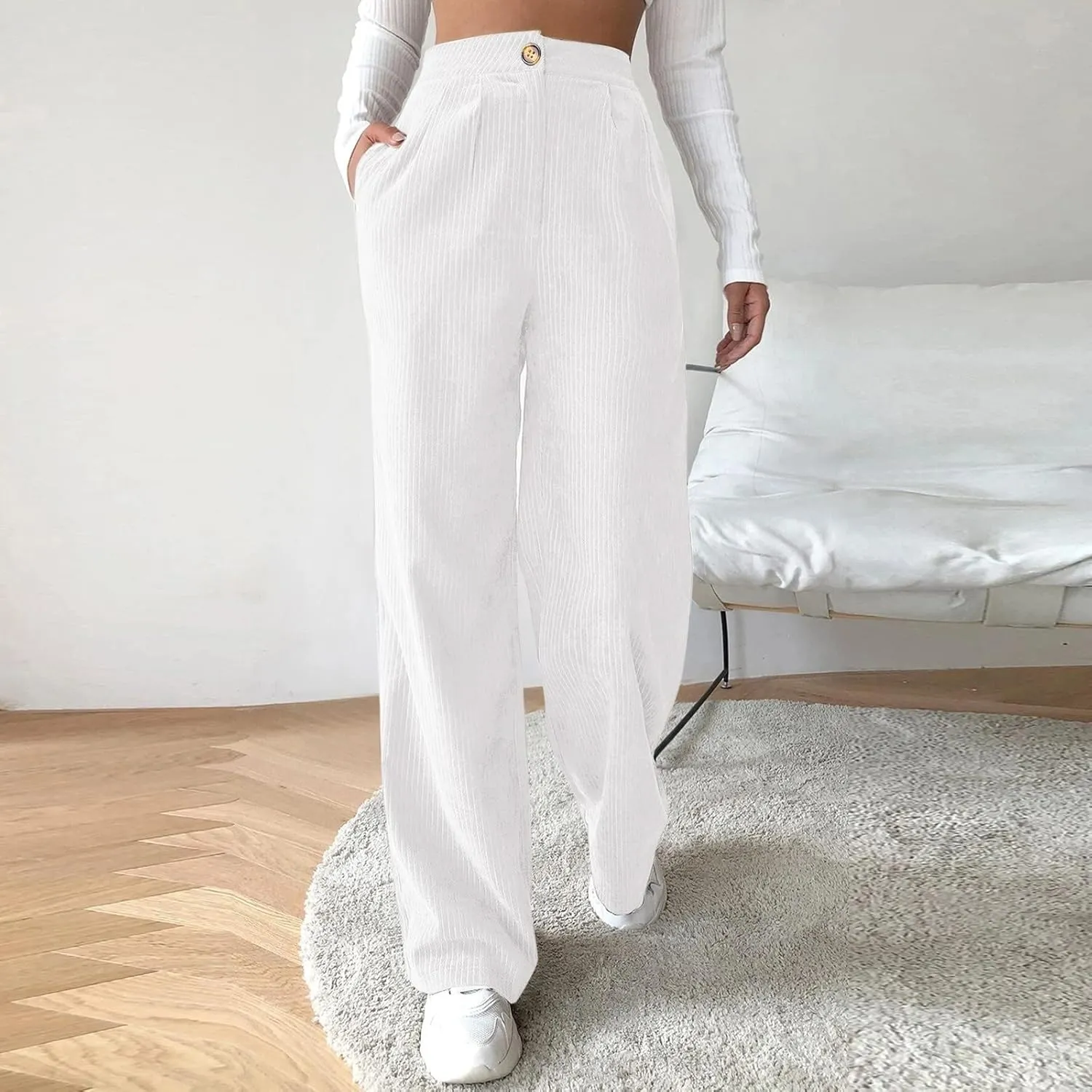 Miyaomn Women Trendy Fall Corduroy Pants Solid Color Loose High Waist Straight Wide Leg Trousers Casual Trousers with Pockets