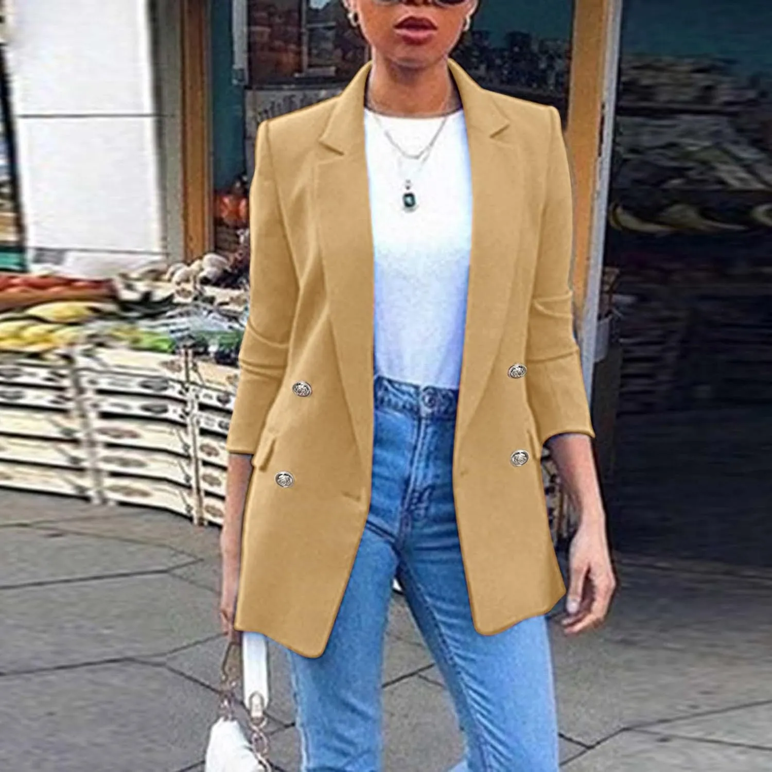 Miyaomn Womens Solid Color Casual Office Blazer Suit Jacket Slim Fit Double Breasted Notched Shawl Collar Sports Coat Outwear