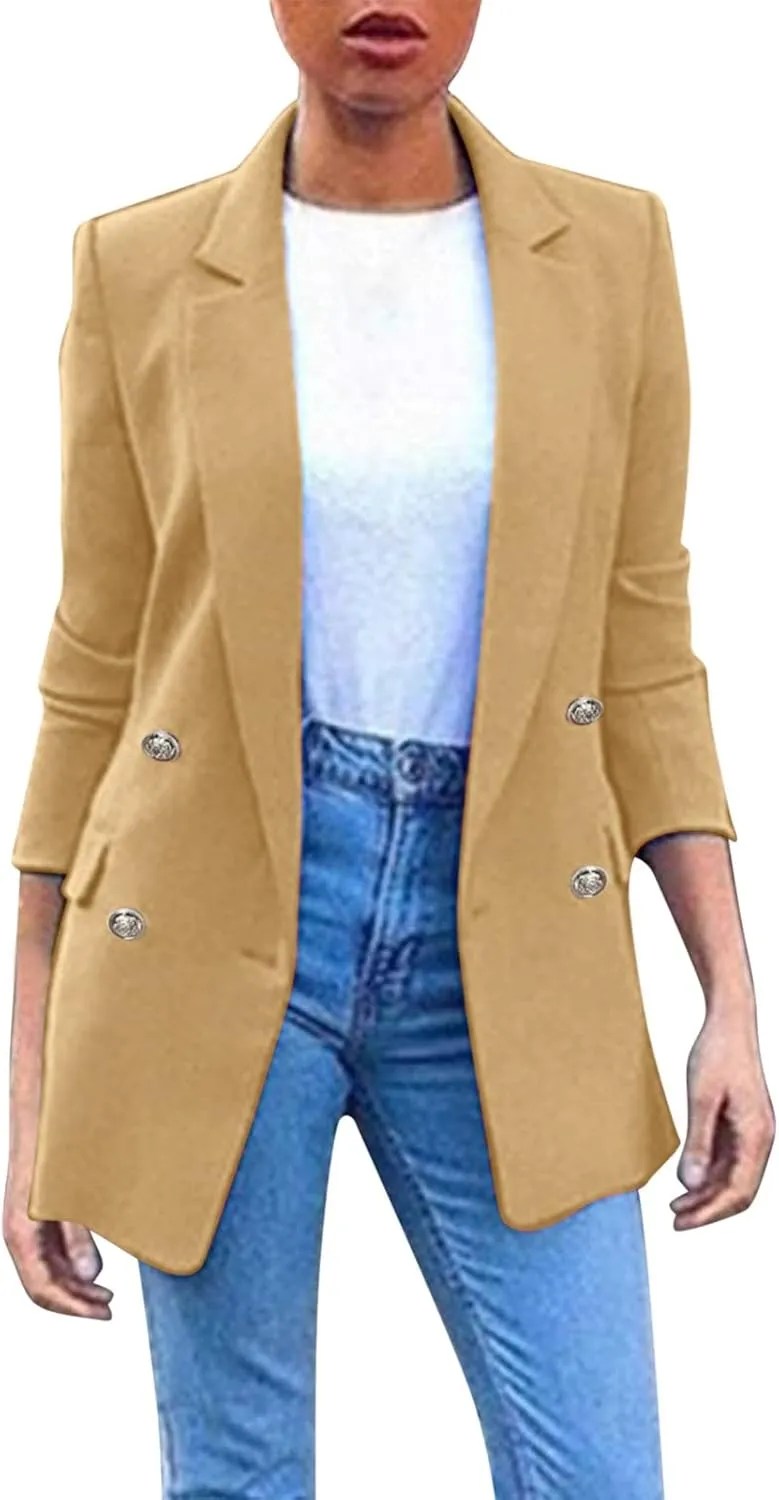 Miyaomn Womens Solid Color Casual Office Blazer Suit Jacket Slim Fit Double Breasted Notched Shawl Collar Sports Coat Outwear