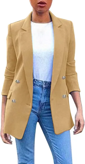 Miyaomn Womens Solid Color Casual Office Blazer Suit Jacket Slim Fit Double Breasted Notched Shawl Collar Sports Coat Outwear