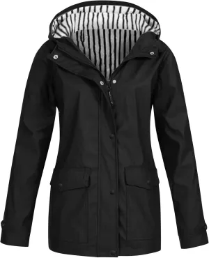 Outdoor Rain Jacket for Women Lightweight Waterproof Windbreaker Long Hooded Trench Coat Stripes Lined Travel Jackets