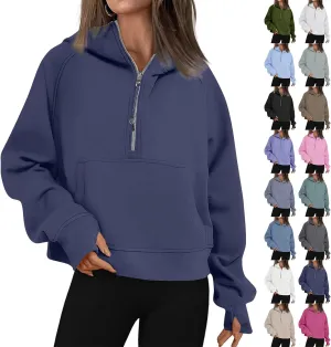 Oversized Hoodie Women Fleece Lined Thumb Hole Cropped Half Zip Sweatshirt Drop Shoulder Long Sleeve Going Out Tops