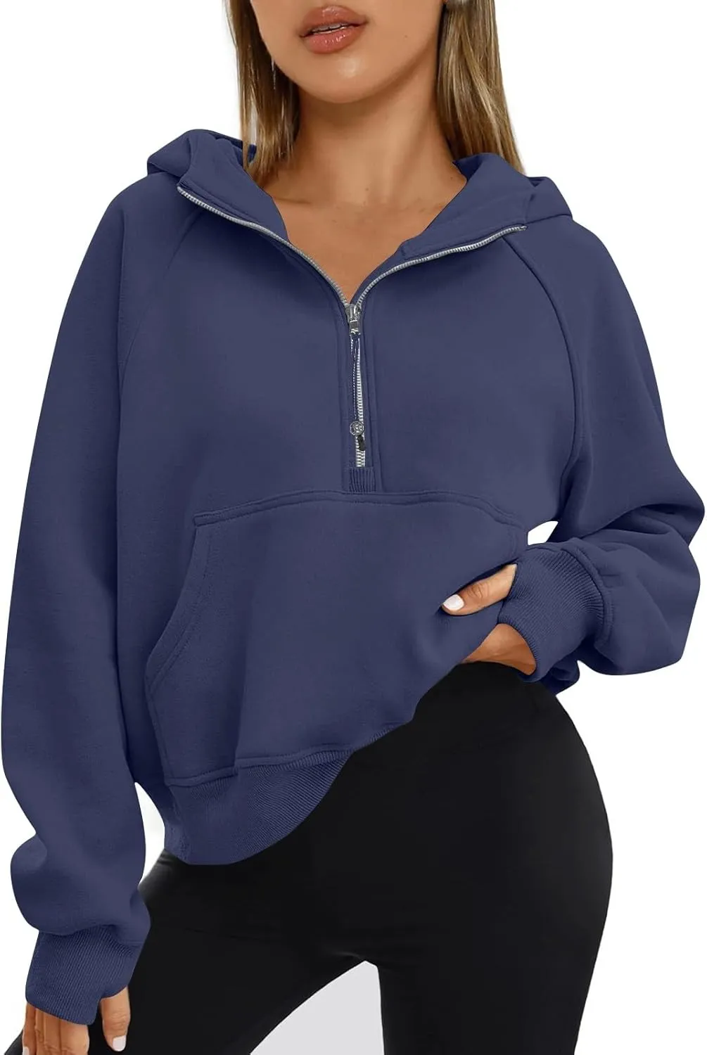 Oversized Hoodie Women Fleece Lined Thumb Hole Cropped Half Zip Sweatshirt Drop Shoulder Long Sleeve Going Out Tops