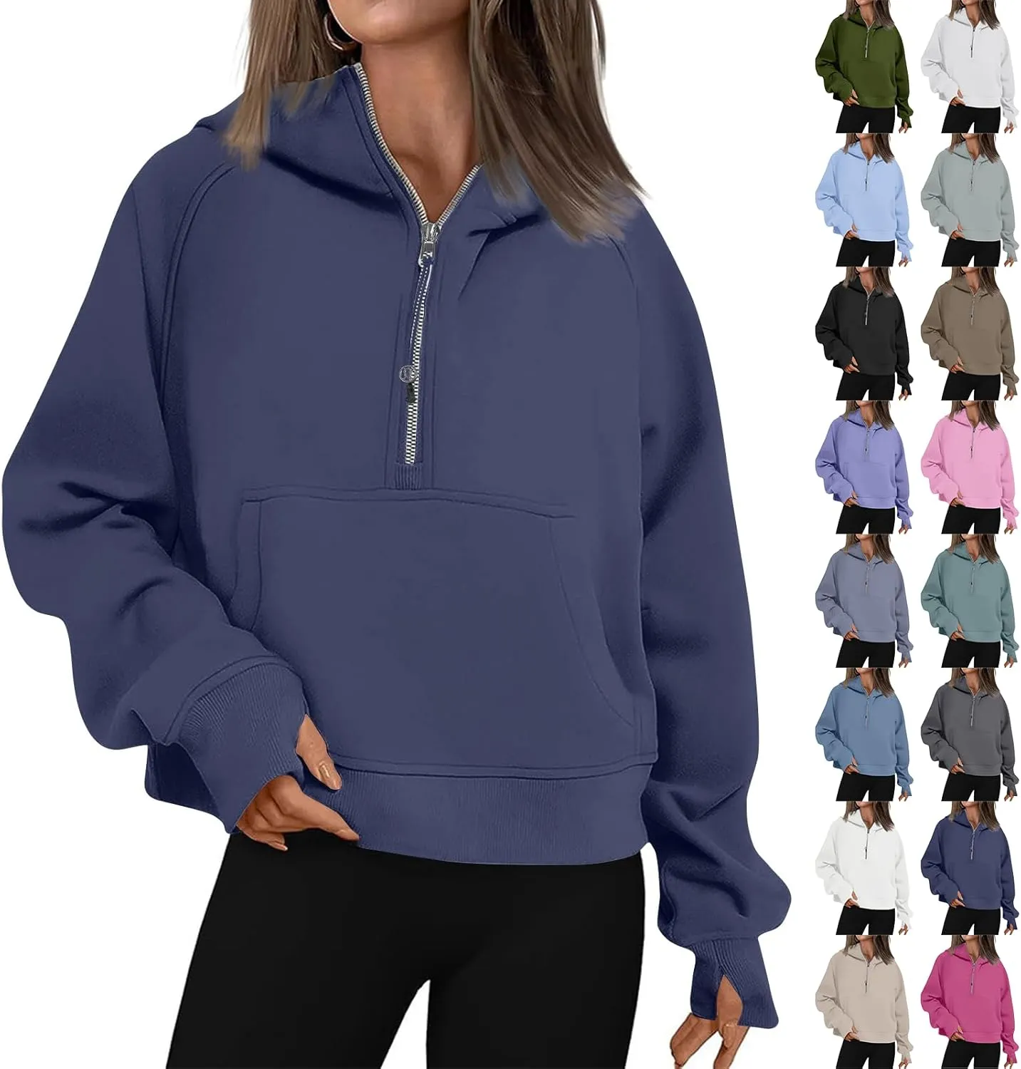 Oversized Hoodie Women Fleece Lined Thumb Hole Cropped Half Zip Sweatshirt Drop Shoulder Long Sleeve Going Out Tops