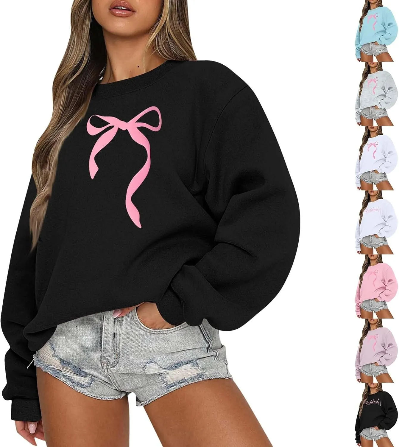 Oversized Sweatshirt for Women Fleece Bow Print Crewneck Sweatshirts Long Sleeve Drop Shoulder Comfy Cotton Pullover