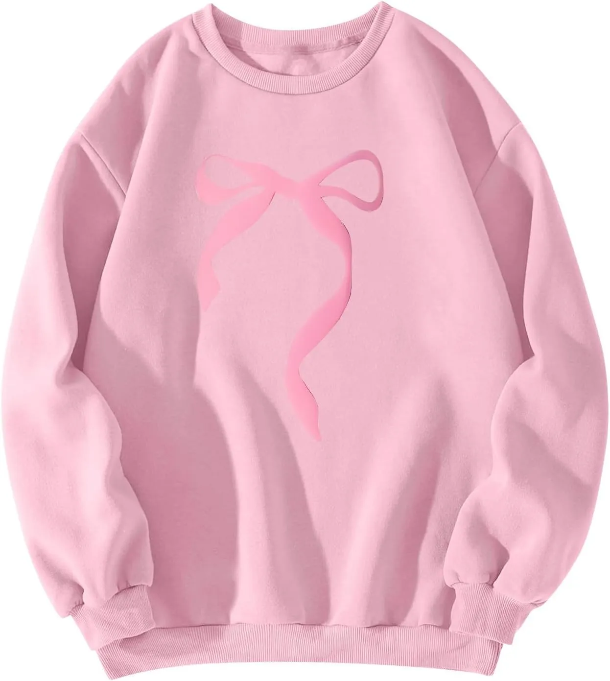 Oversized Sweatshirt for Women Fleece Bow Print Crewneck Sweatshirts Long Sleeve Drop Shoulder Comfy Cotton Pullover