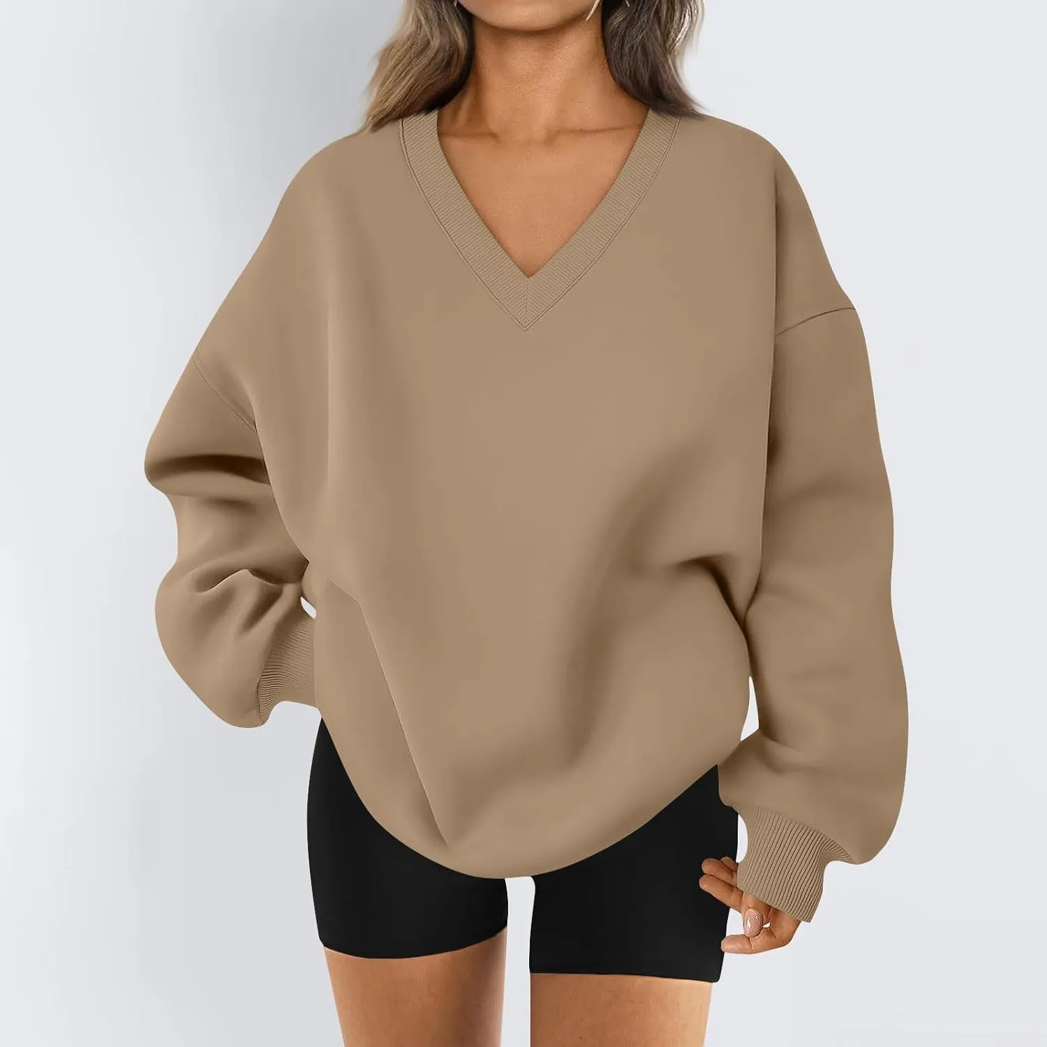 Oversized Sweatshirt For Women Plus Size Hoodies Trendy V Neck Long Sleeve Winter Clothes Drop Shoulder Pullover