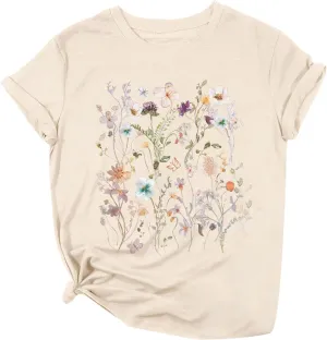 Oversized Tshirts for Women 2024 Summer Floral Printed Crew Neck Short Sleeve Shirt Loose Fit Casual Graphic Tee Tops