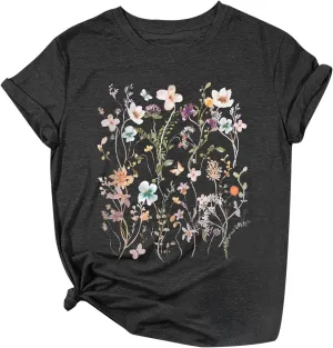 Oversized Tshirts for Women 2024 Summer Floral Printed Crew Neck Short Sleeve Shirt Loose Fit Casual Graphic Tee Tops