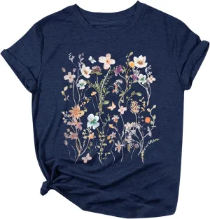 Oversized Tshirts for Women 2024 Summer Floral Printed Crew Neck Short Sleeve Shirt Loose Fit Casual Graphic Tee Tops