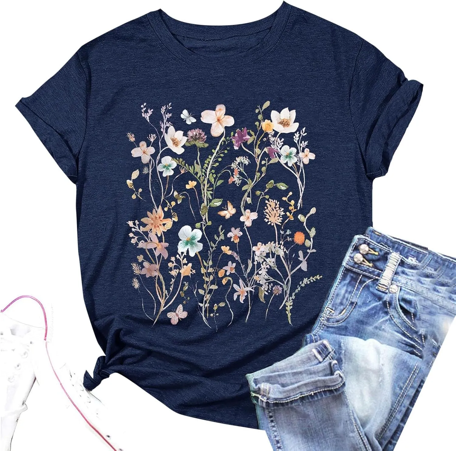 Oversized Tshirts for Women 2024 Summer Floral Printed Crew Neck Short Sleeve Shirt Loose Fit Casual Graphic Tee Tops
