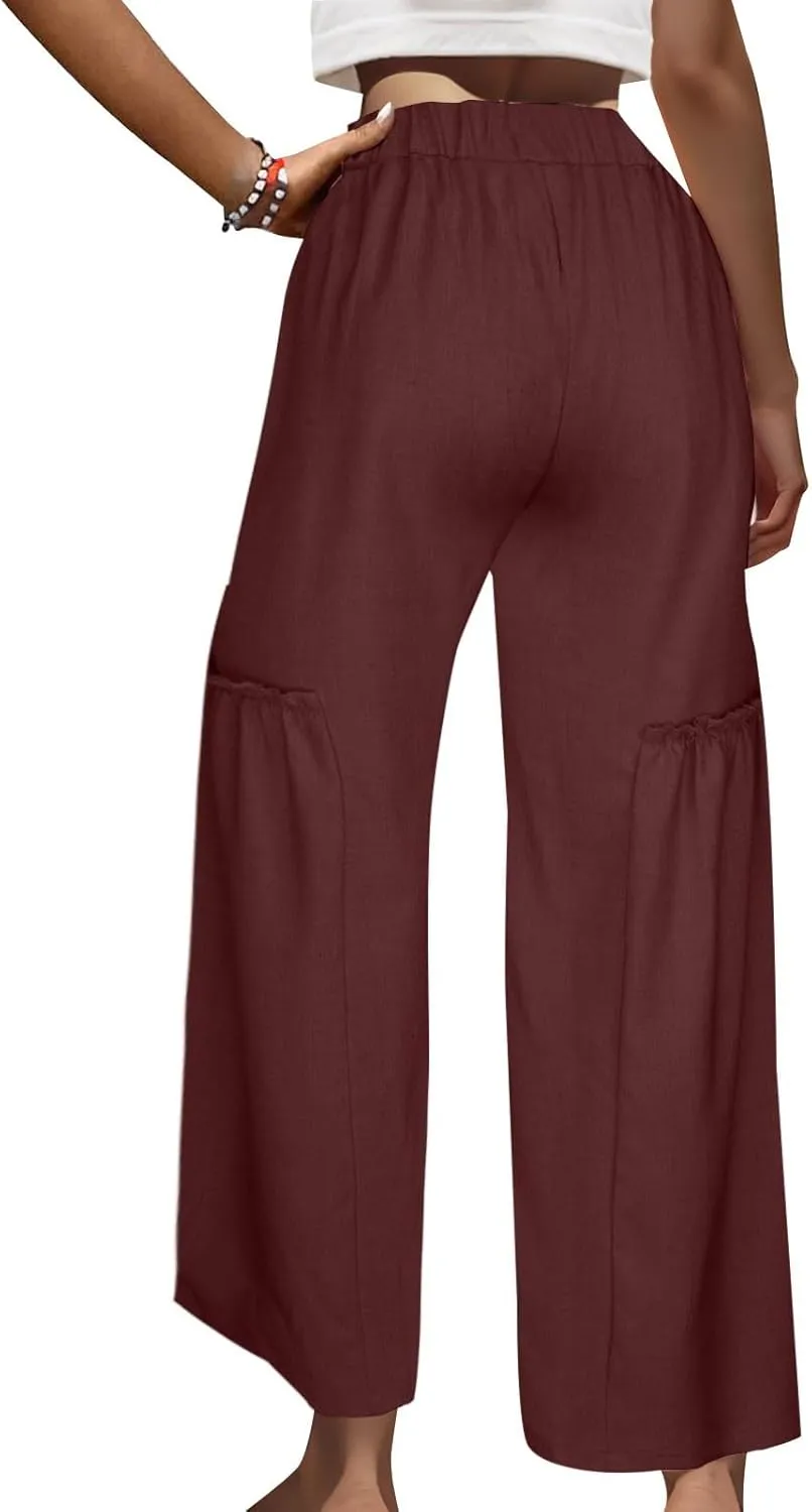 Palazzo Pants Women,Wide Leg Trousers Ladies Elastic Waist Summer Loose Fit Straight Leg Patchwork Beach Yoga Pants