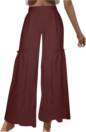 Palazzo Pants Women,Wide Leg Trousers Ladies Elastic Waist Summer Loose Fit Straight Leg Patchwork Beach Yoga Pants