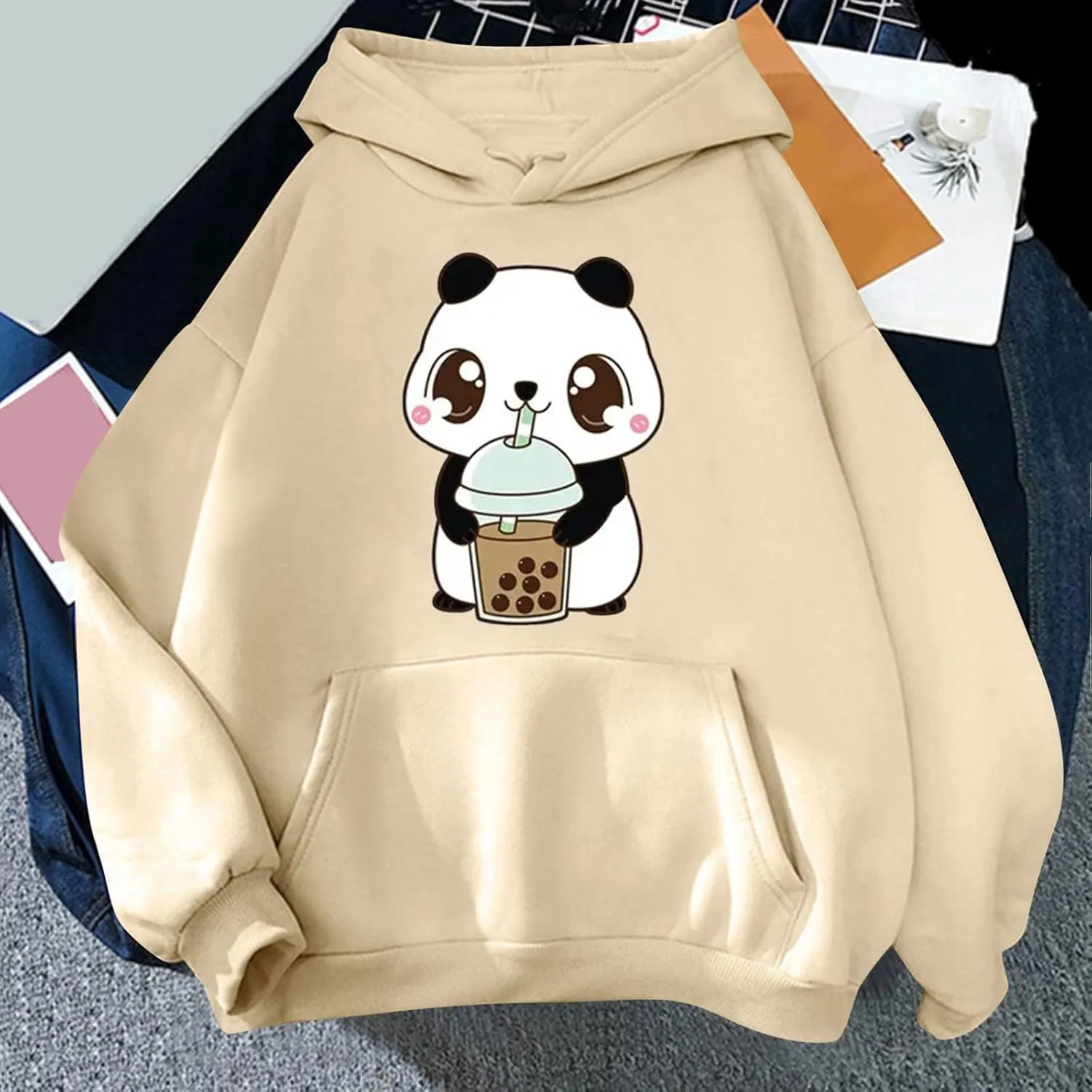 Panda Printed Hoodies for Women Teen Girls Soft Casual Long Sleeve Hooded Sweatshirts Oversized Drawstring Cute Pullover Tops