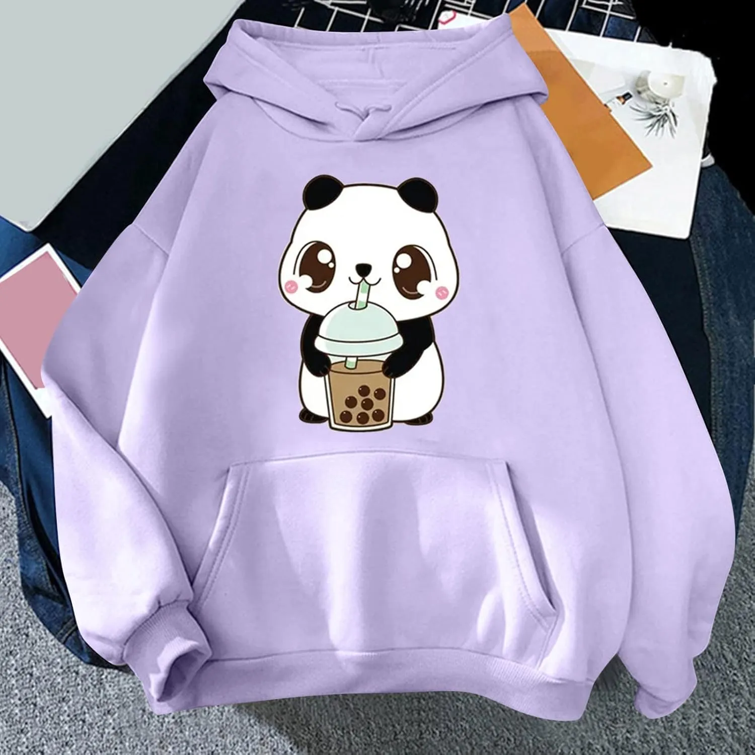 Panda Printed Hoodies for Women Teen Girls Soft Casual Long Sleeve Hooded Sweatshirts Oversized Drawstring Cute Pullover Tops
