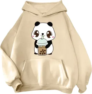 Panda Printed Hoodies for Women Teen Girls Soft Casual Long Sleeve Hooded Sweatshirts Oversized Drawstring Cute Pullover Tops