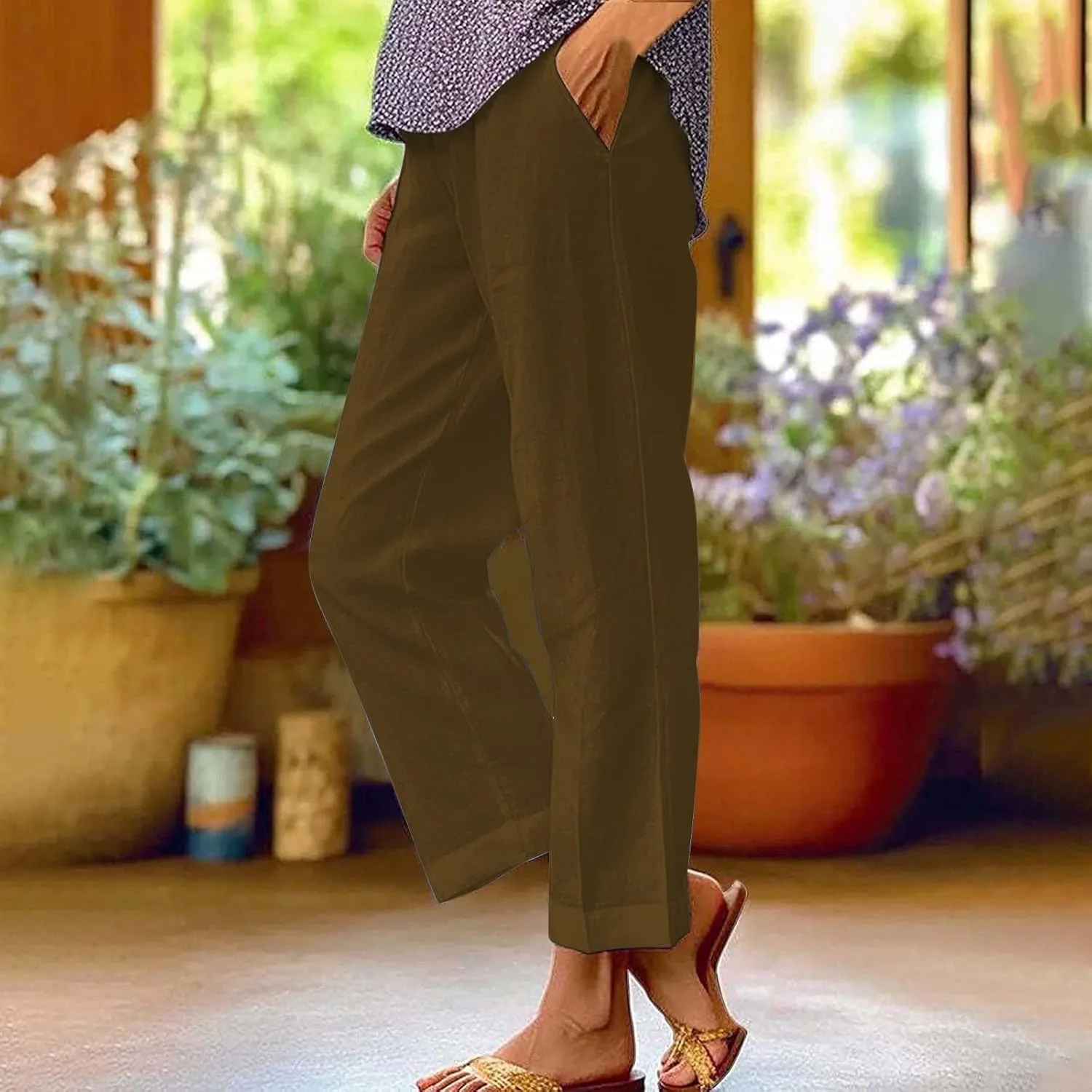 Plus Size Linen Pants Women's Casual Pants Elastic High Waisted Straight Leg Trousers Loose Summer Beach Bottoms