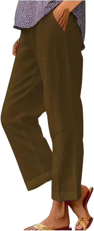 Plus Size Linen Pants Women's Casual Pants Elastic High Waisted Straight Leg Trousers Loose Summer Beach Bottoms