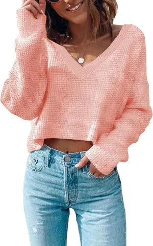 Poetsky Womens V Neck Waffle Knit Cropped Top Long Sleeve Pullover Sweater Casual Crop Shirts