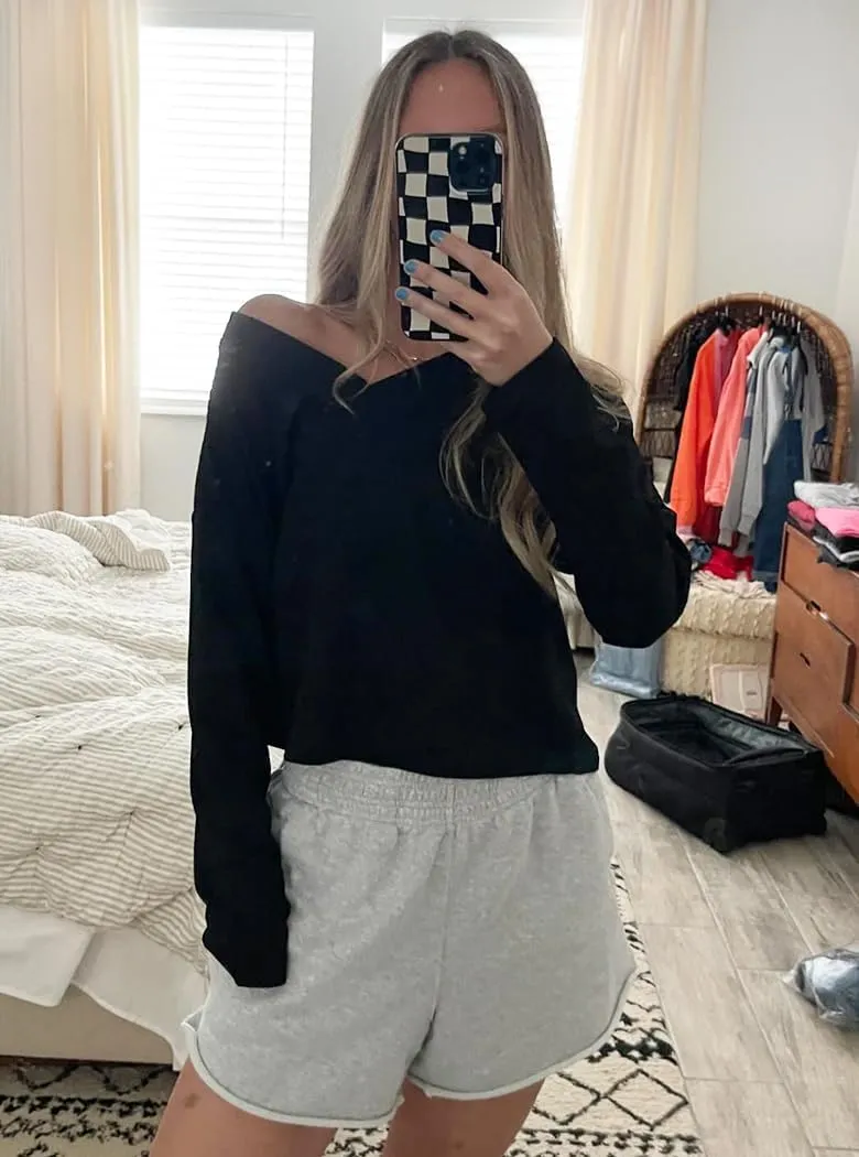 Poetsky Womens V Neck Waffle Knit Cropped Top Long Sleeve Pullover Sweater Casual Crop Shirts