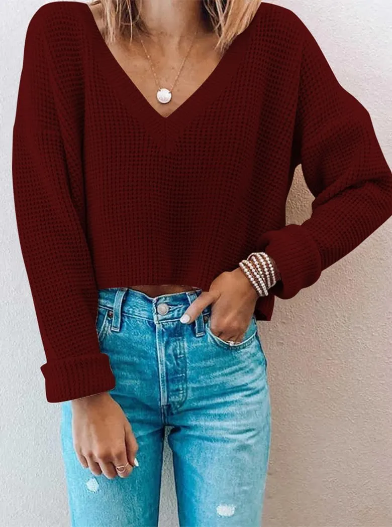 Poetsky Womens V Neck Waffle Knit Cropped Top Long Sleeve Pullover Sweater Casual Crop Shirts