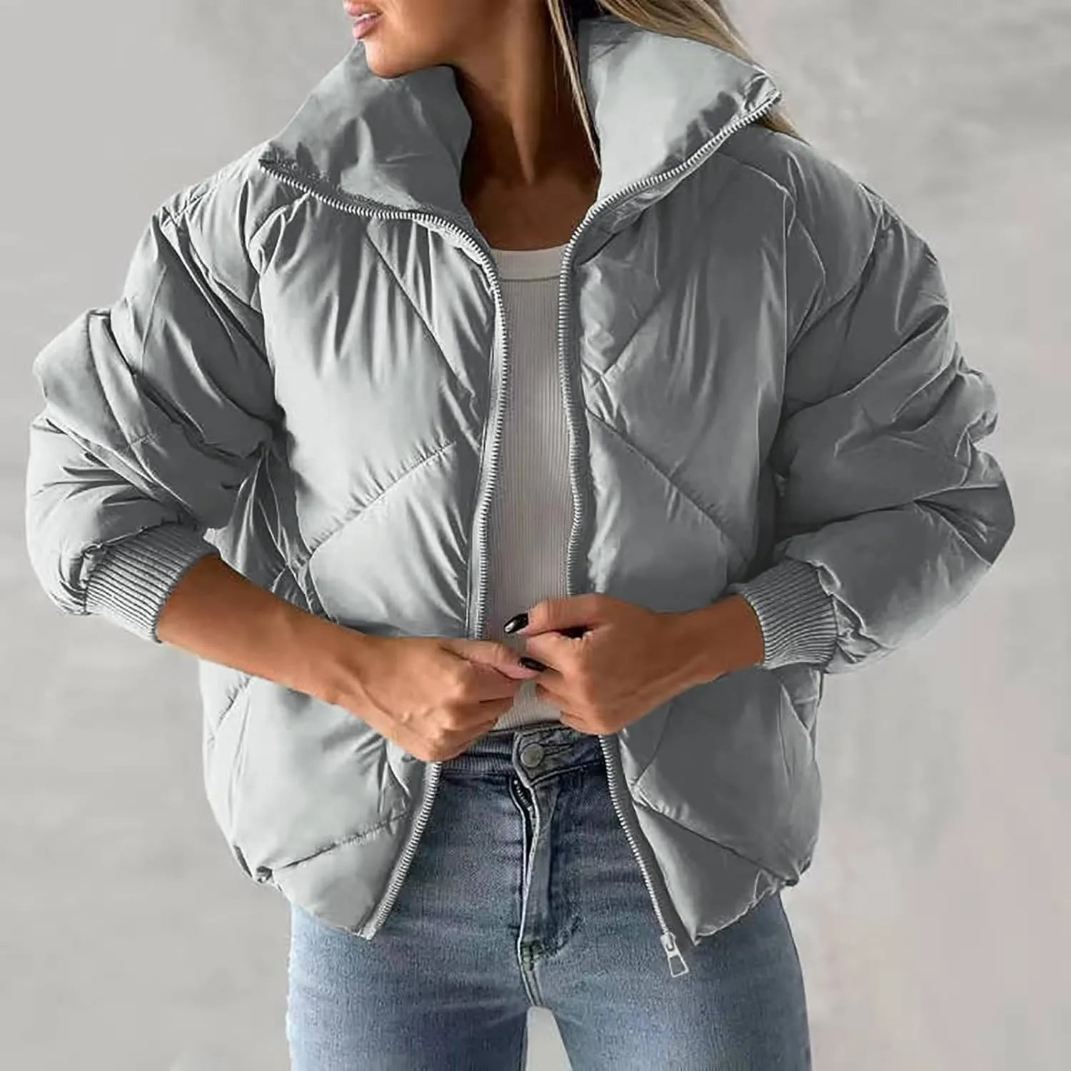 Quilted Jackets for Women 2024 Zip up Puffer Jacket Padded Down Jacket Warm Insulated Jackets Thermal Winter Coat