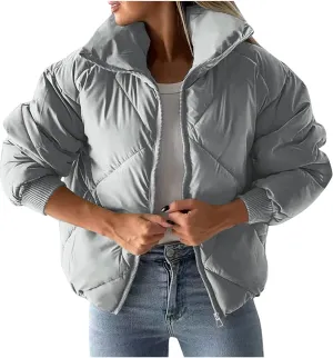 Quilted Jackets for Women 2024 Zip up Puffer Jacket Padded Down Jacket Warm Insulated Jackets Thermal Winter Coat