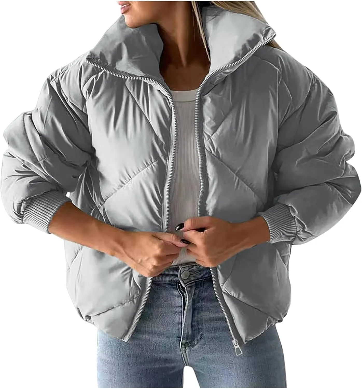 Quilted Jackets for Women 2024 Zip up Puffer Jacket Padded Down Jacket Warm Insulated Jackets Thermal Winter Coat