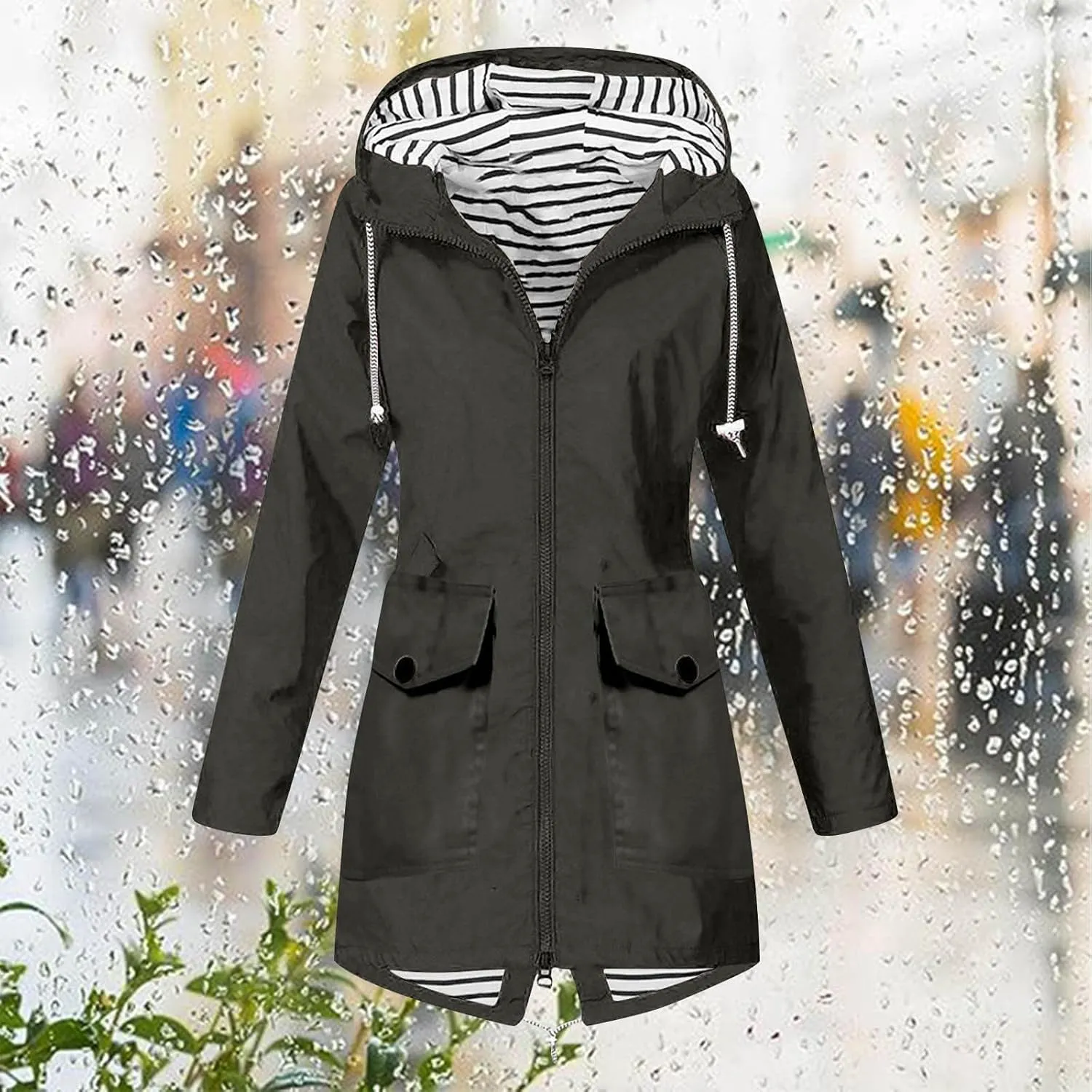 Rain Jacket for Women Waterproof Outdoors Raincoats Lightweight Long Hooded Trench Coats Striped Lined Windbreaker