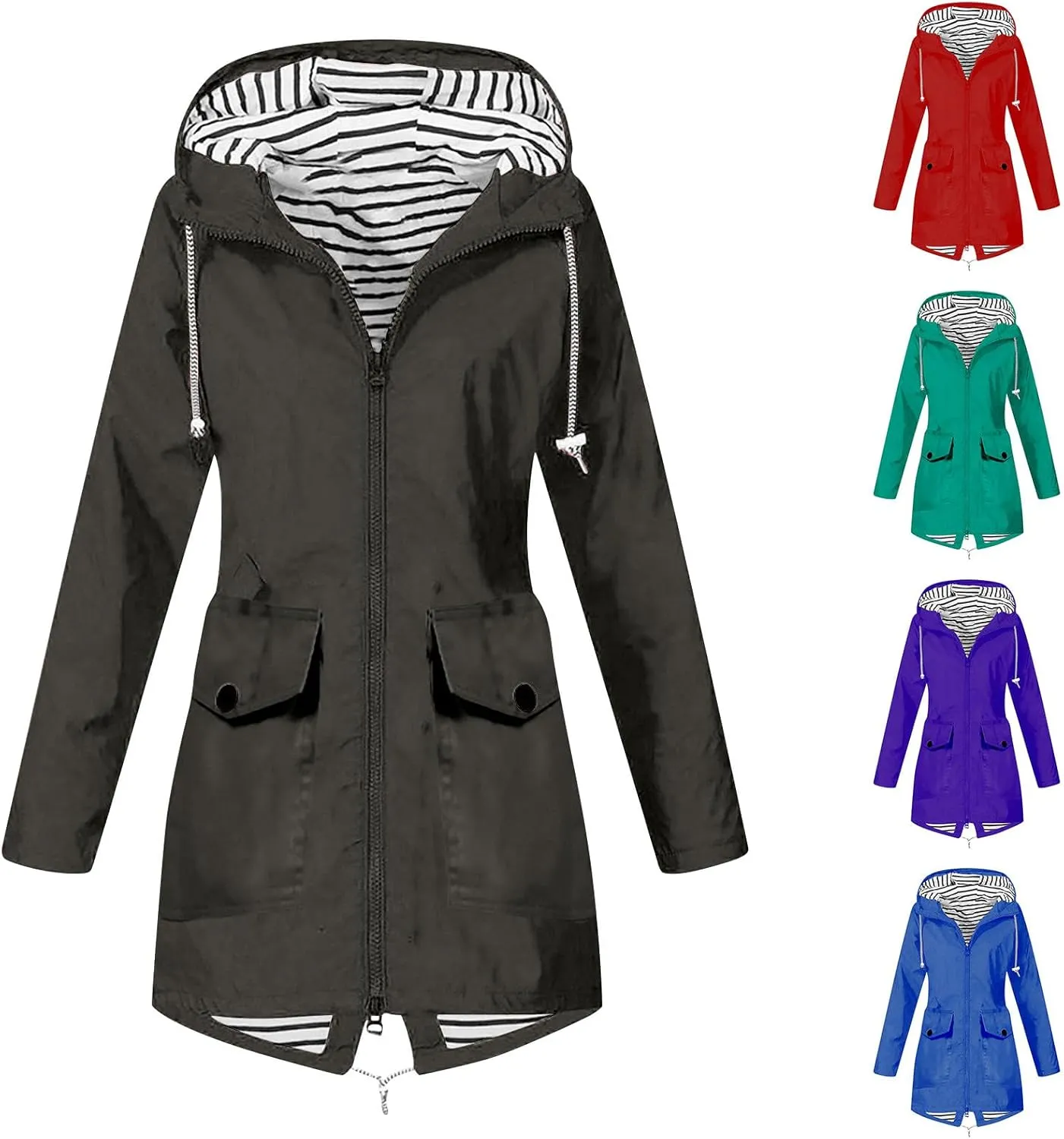 Rain Jacket for Women Waterproof Outdoors Raincoats Lightweight Long Hooded Trench Coats Striped Lined Windbreaker