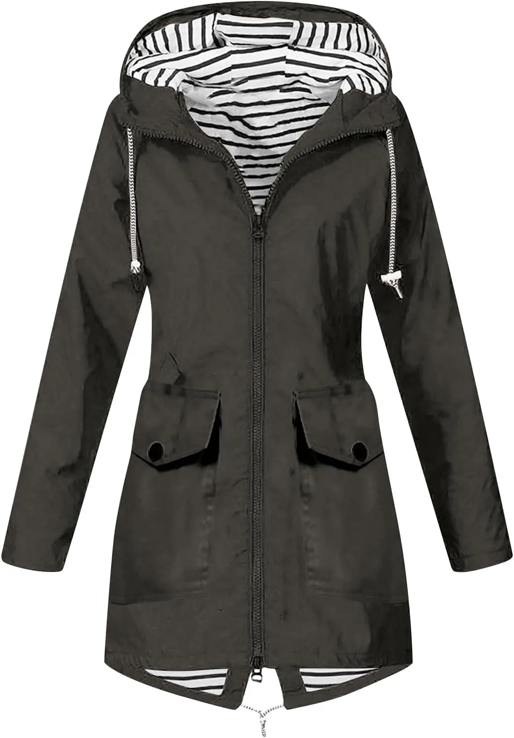 Rain Jacket for Women Waterproof Outdoors Raincoats Lightweight Long Hooded Trench Coats Striped Lined Windbreaker