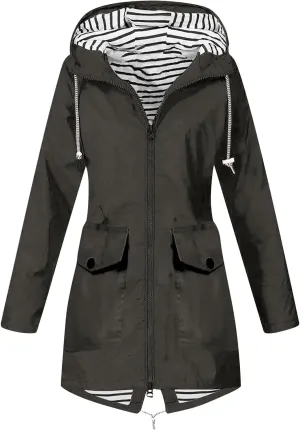 Rain Jacket for Women Waterproof Outdoors Raincoats Lightweight Long Hooded Trench Coats Striped Lined Windbreaker