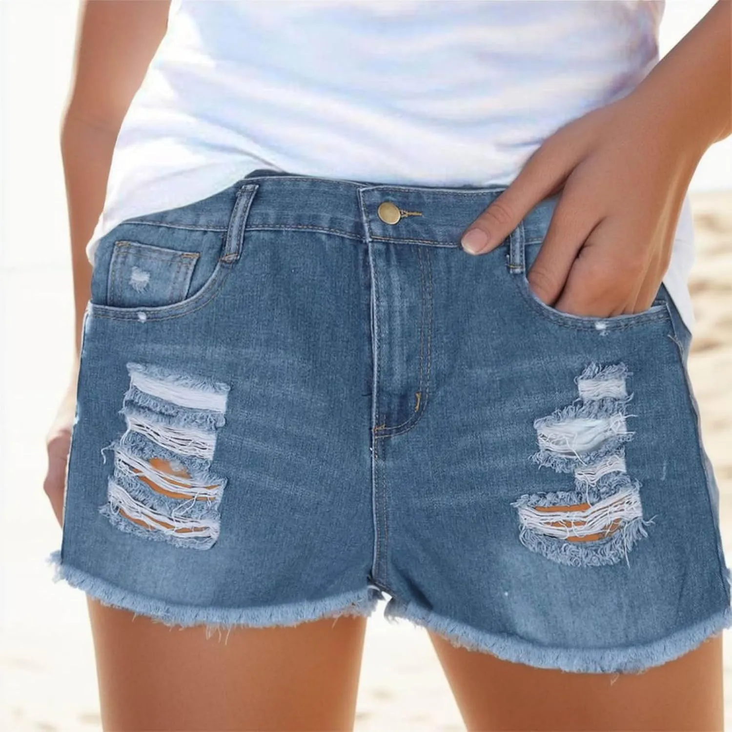 Ripped Distressed Denim Shorts for Women Mid Rise Stretchy Jean Shorts Summer Casual Frayed Raw Rolled Hem Hot Shorts