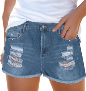 Ripped Distressed Denim Shorts for Women Mid Rise Stretchy Jean Shorts Summer Casual Frayed Raw Rolled Hem Hot Shorts