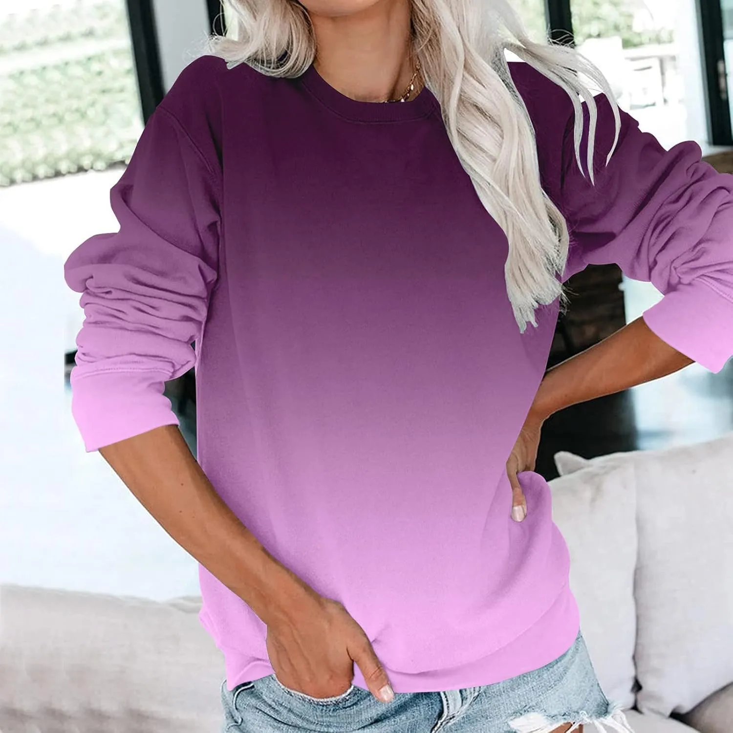 SHAOBGE Women Spring Casual Crewneck Sweatshirts Long Sleeve Color Block/Solid Tops Cute Winter Pullover Loose Fit Shirts