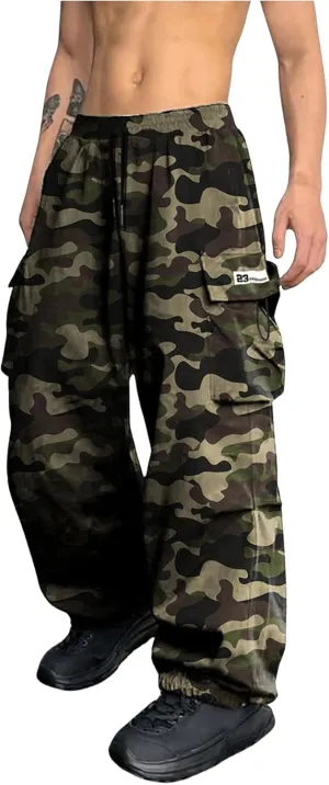 SHENHE Men's Camo Cargo Pants Drawstring Baggy Joggers Hip Hop Streetwear Loose Pants