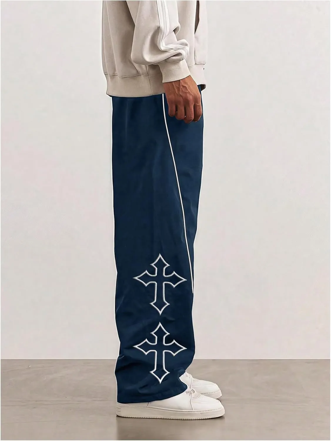 SHENHE Men's Casual Straight Leg Drawstring Pants Cross Print Loose Pants Trousers