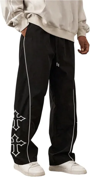 SHENHE Men's Casual Straight Leg Drawstring Pants Cross Print Loose Pants Trousers