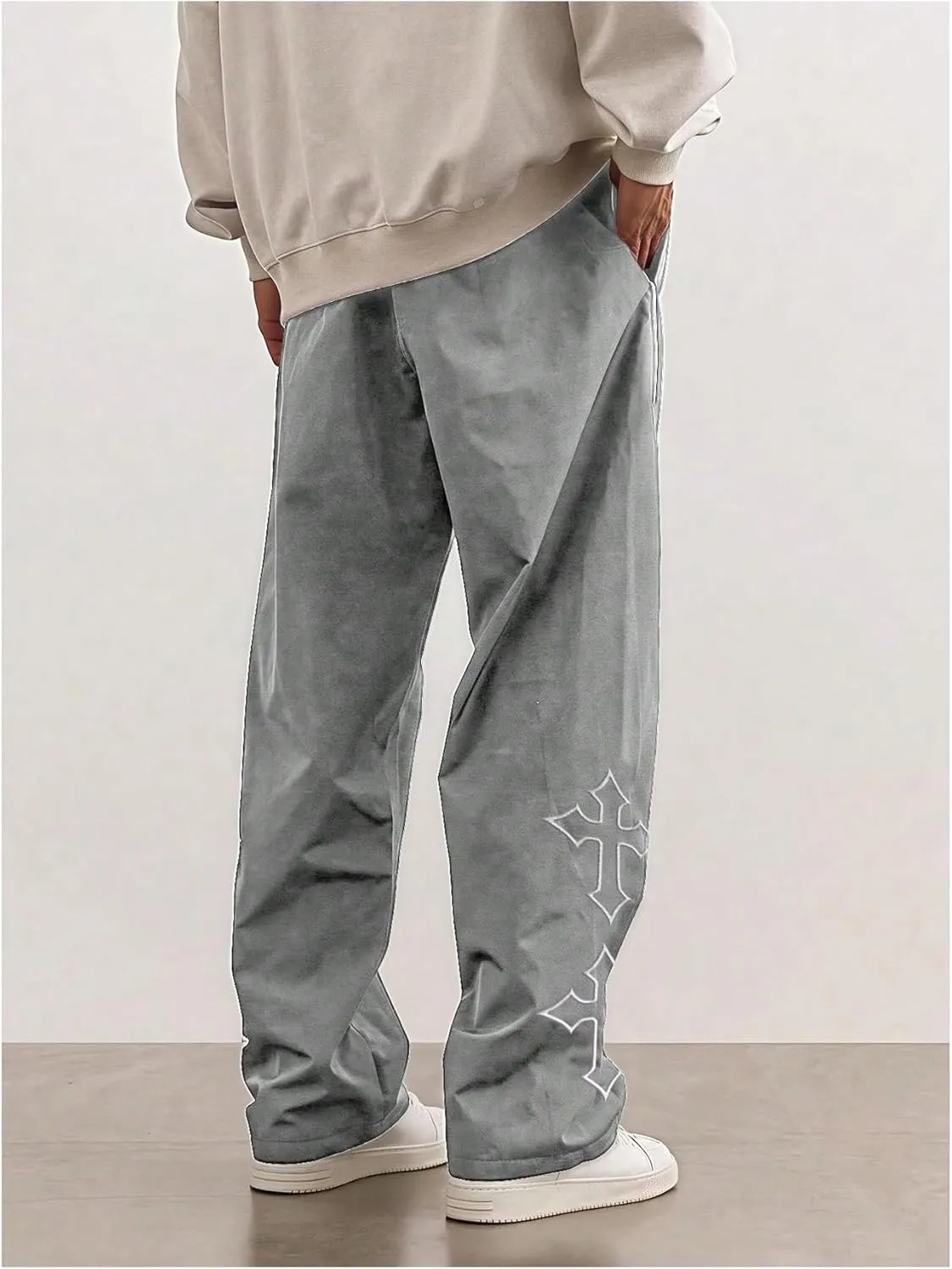 SHENHE Men's Casual Straight Leg Drawstring Pants Cross Print Loose Pants Trousers