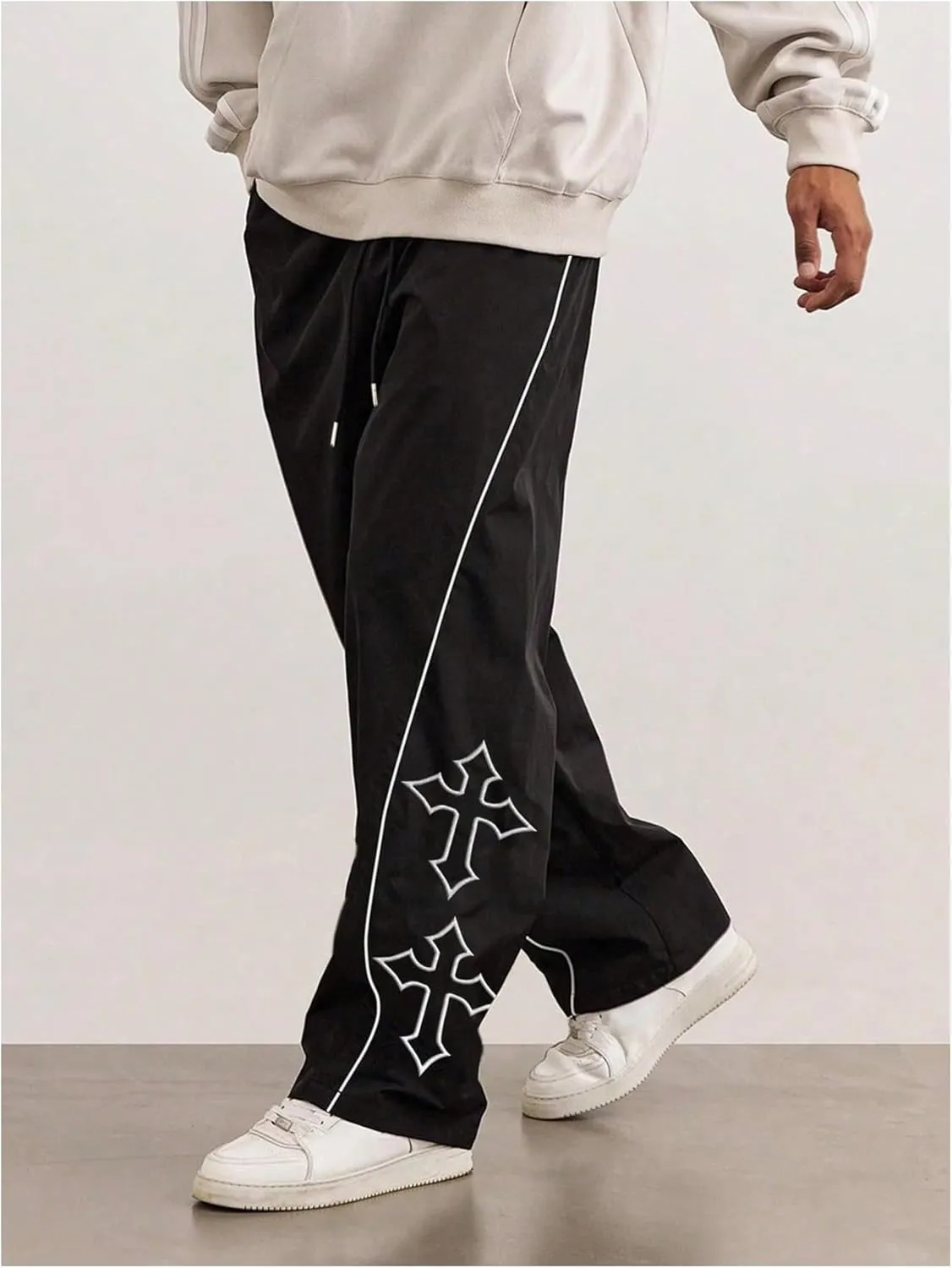 SHENHE Men's Casual Straight Leg Drawstring Pants Cross Print Loose Pants Trousers