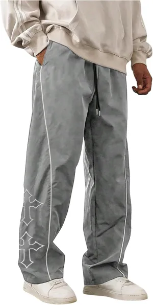 SHENHE Men's Casual Straight Leg Drawstring Pants Cross Print Loose Pants Trousers