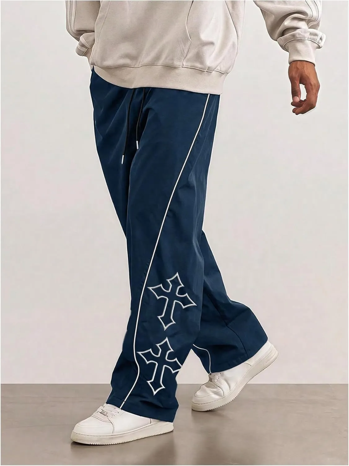 SHENHE Men's Casual Straight Leg Drawstring Pants Cross Print Loose Pants Trousers