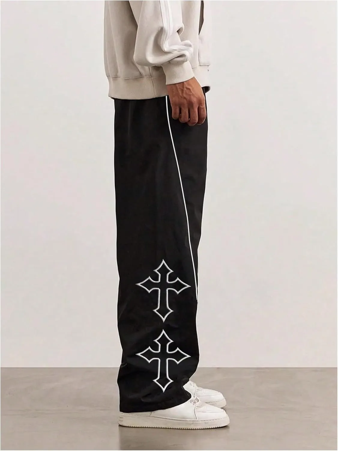 SHENHE Men's Casual Straight Leg Drawstring Pants Cross Print Loose Pants Trousers