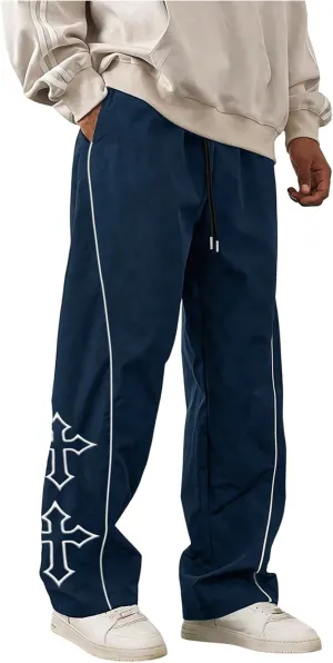 SHENHE Men's Casual Straight Leg Drawstring Pants Cross Print Loose Pants Trousers